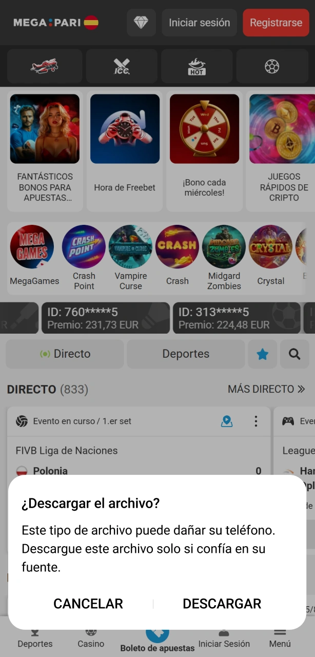 Acepta la descarga en el aviso emergente para actualizar la app de MegaPari en Android.