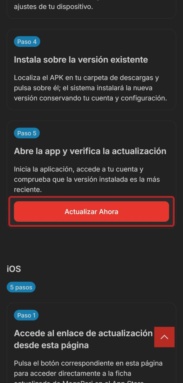 Descarga la nueva versión de la app de MegaPari para actualizar tu dispositivo Android.