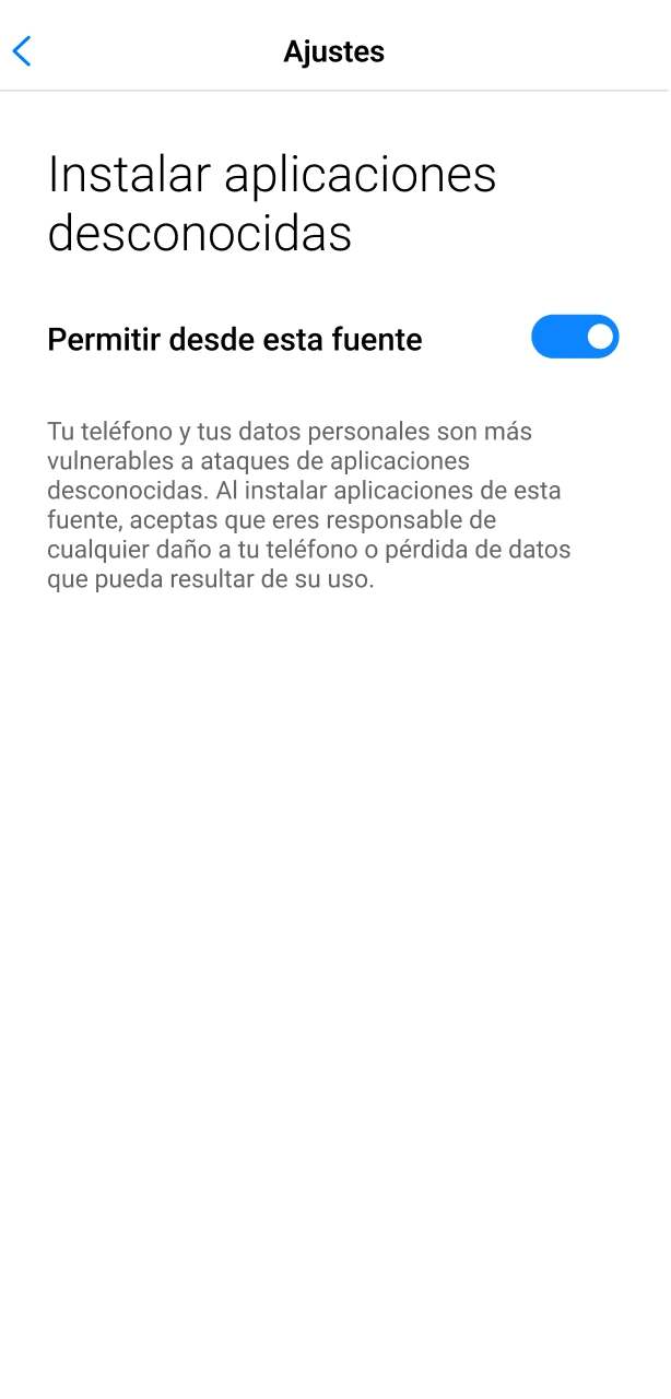 Permite la instalación desde fuentes externas y actualiza la app de MegaPari en Android.