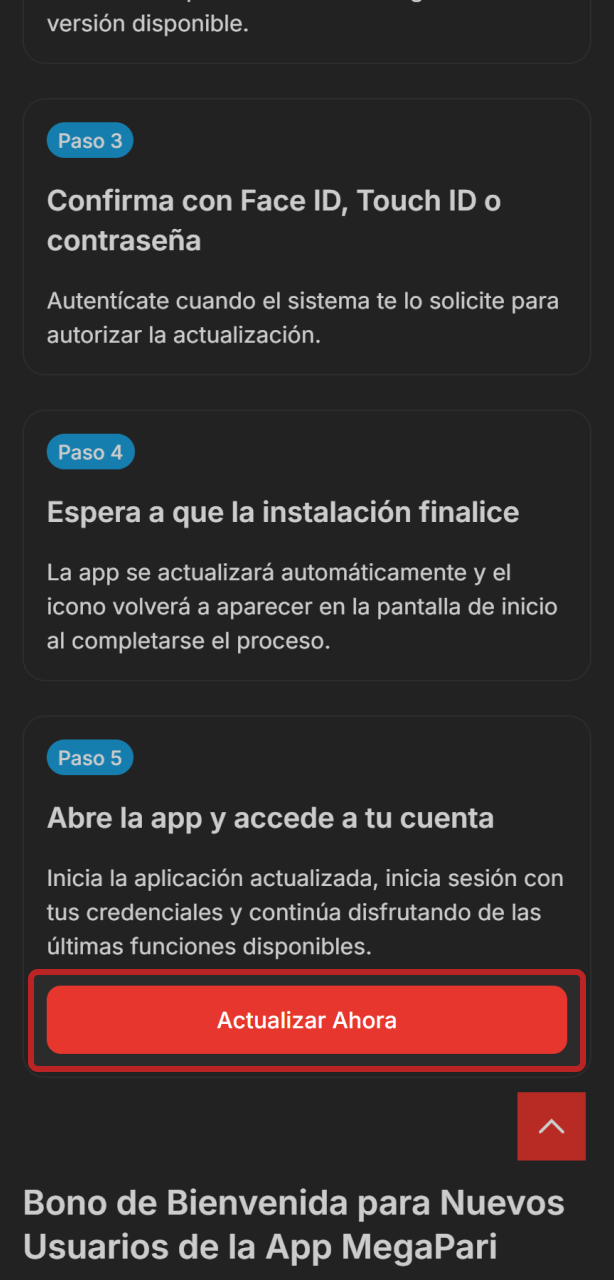 Haz clic en el enlace para iniciar la actualización de la app de MegaPari en tu dispositivo iOS.