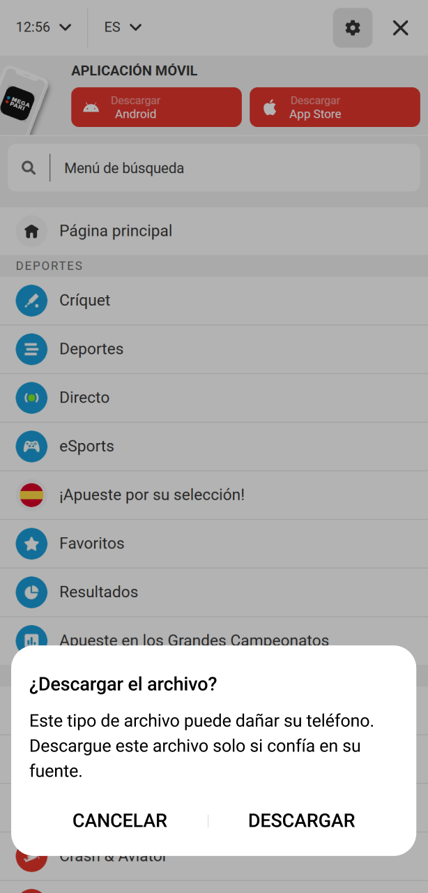 Confirma la descarga en la ventana emergente para continuar en Android con MegaPari.