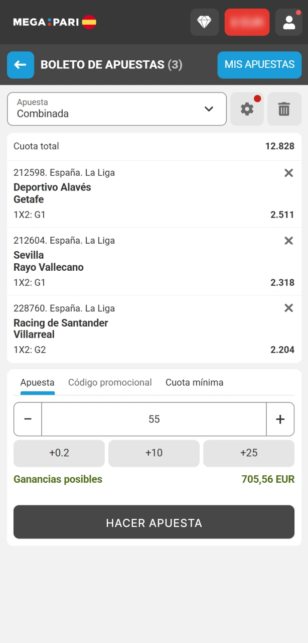 Introduce el importe y confirma tu jugada desde la app de MegaPari al instante.