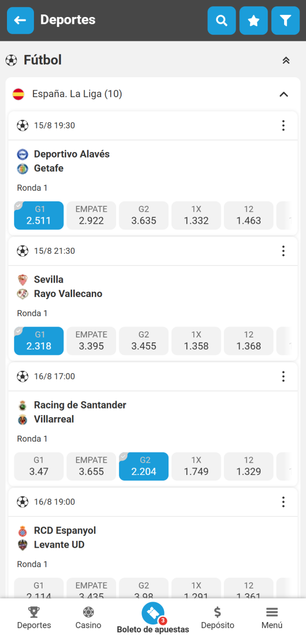 Selecciona el evento y el mercado dentro de la app de MegaPari con las mejores cuotas.