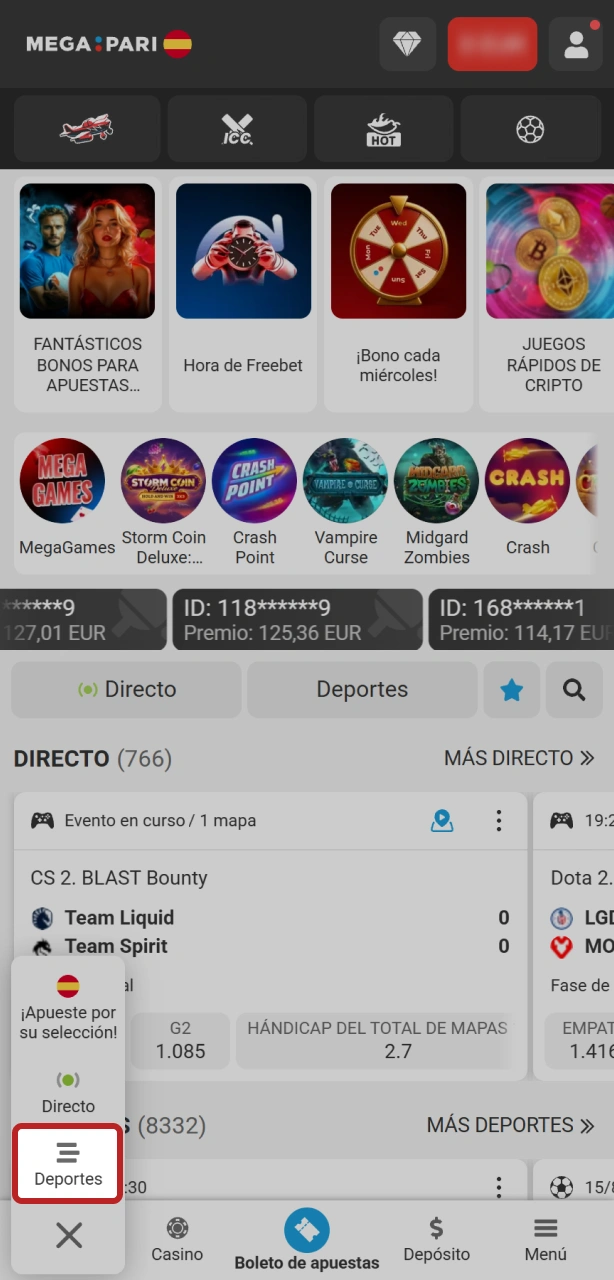 Navega a la sección de Deportes en la app de MegaPari para ver los partidos.