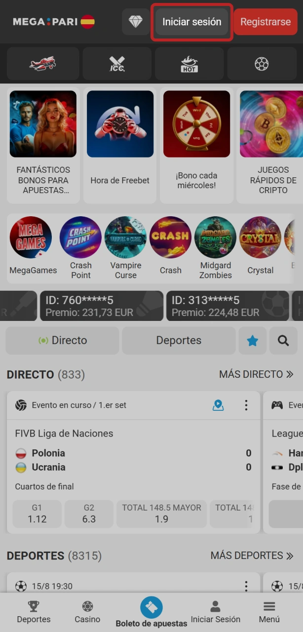 Abre la app en iOS y accede a tu cuenta de MegaPari para apostar.