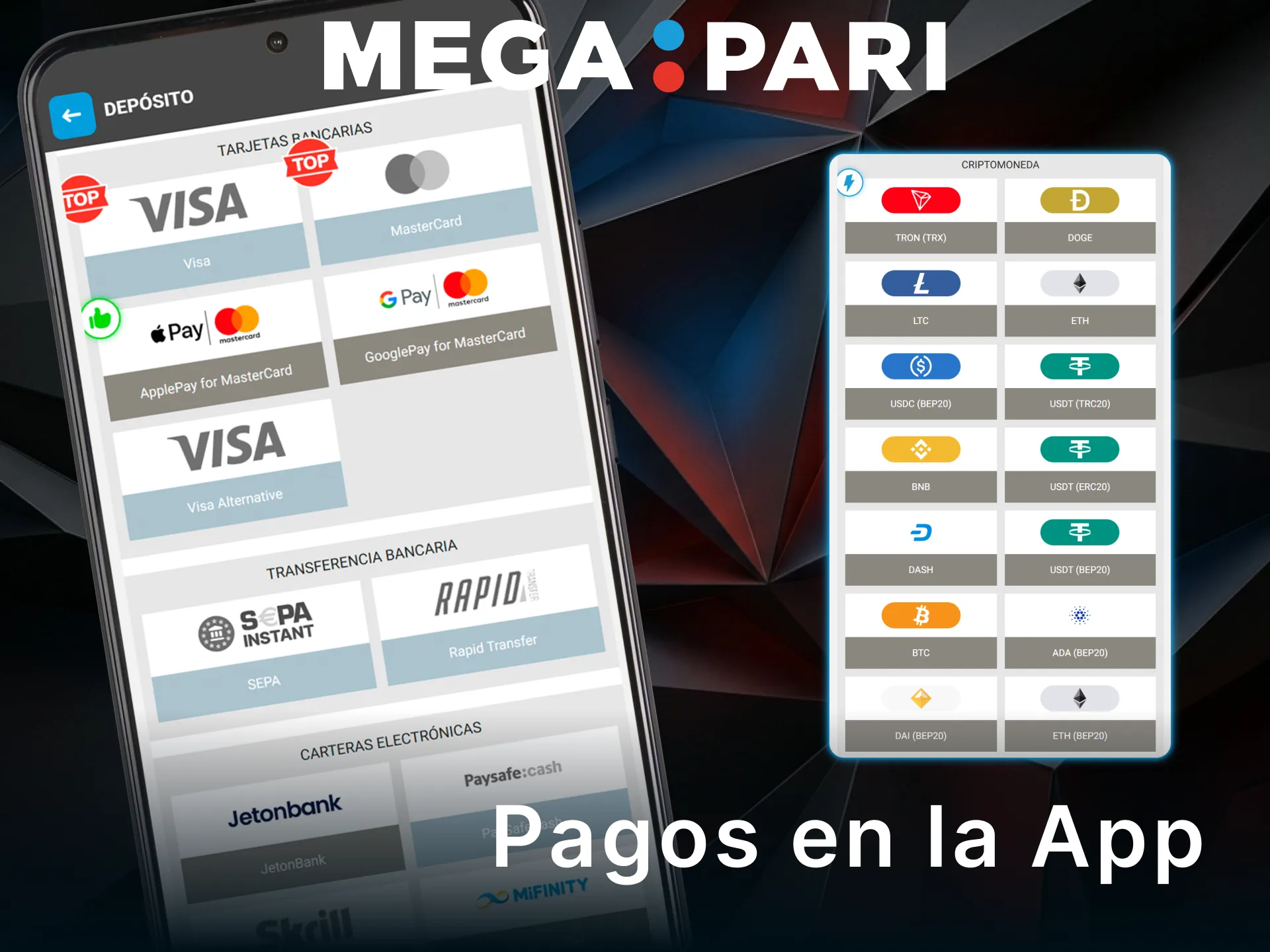 Realiza pagos seguros en la app de MegaPari para apostar en España.