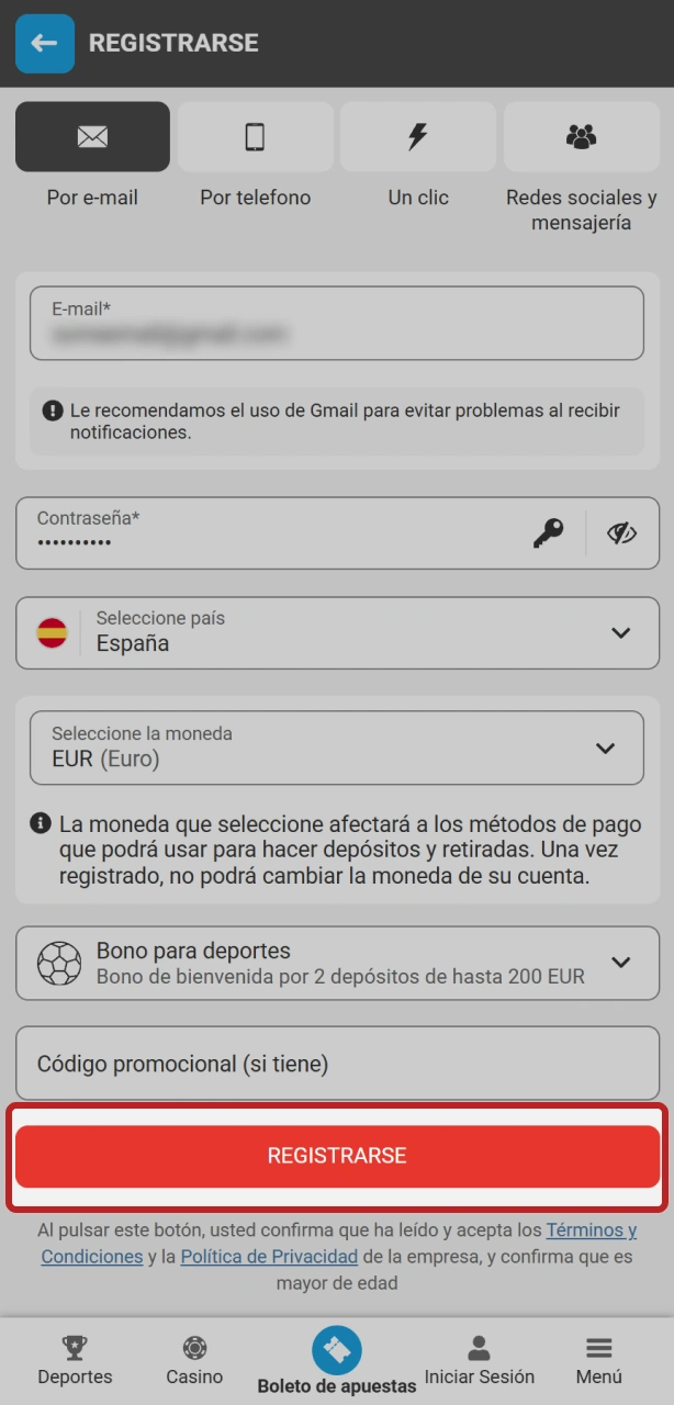 Acepta los términos para confirmar tu registro dentro de la app de MegaPari.