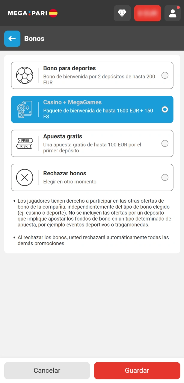 Activa tu bono desde tu perfil de usuario en MegaPari fácilmente.