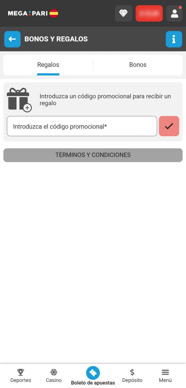 Introduce tu código promocional para activar tu bono en MegaPari.