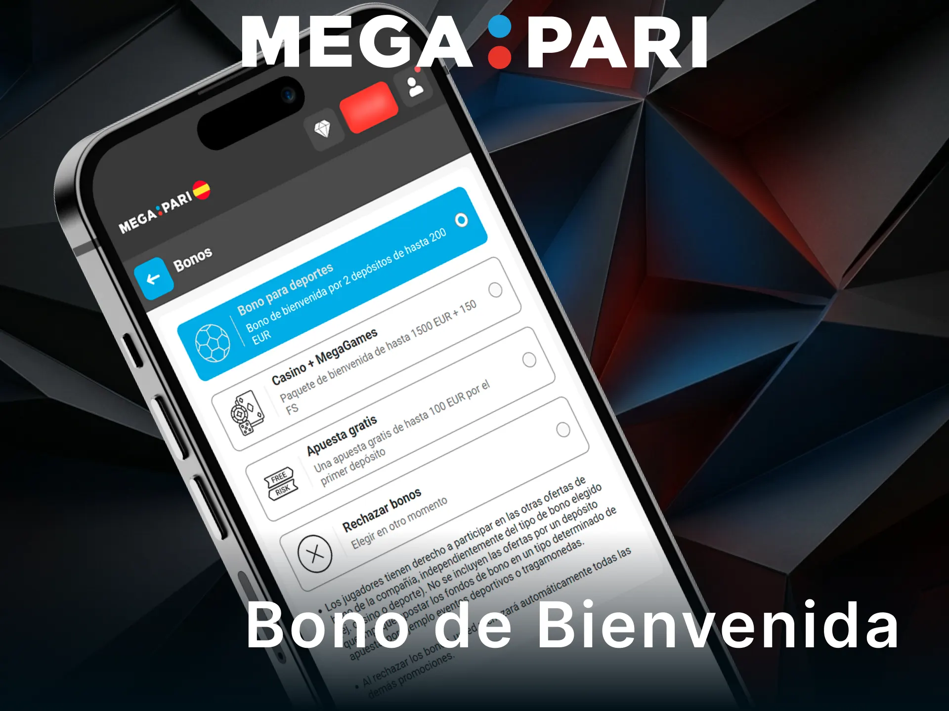 Reclama el bono de bienvenida en la app móvil de MegaPari y empieza a jugar.