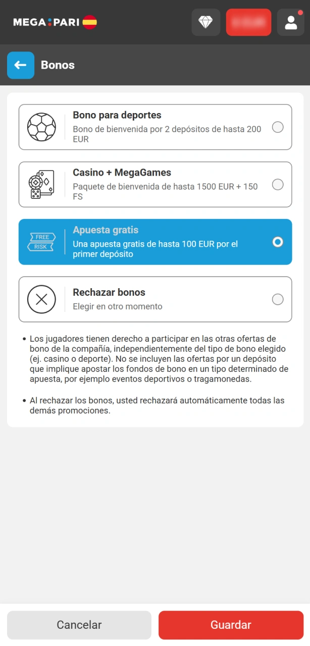 Accede a la sección de bonos y reclama tu bono de registro en MegaPari.