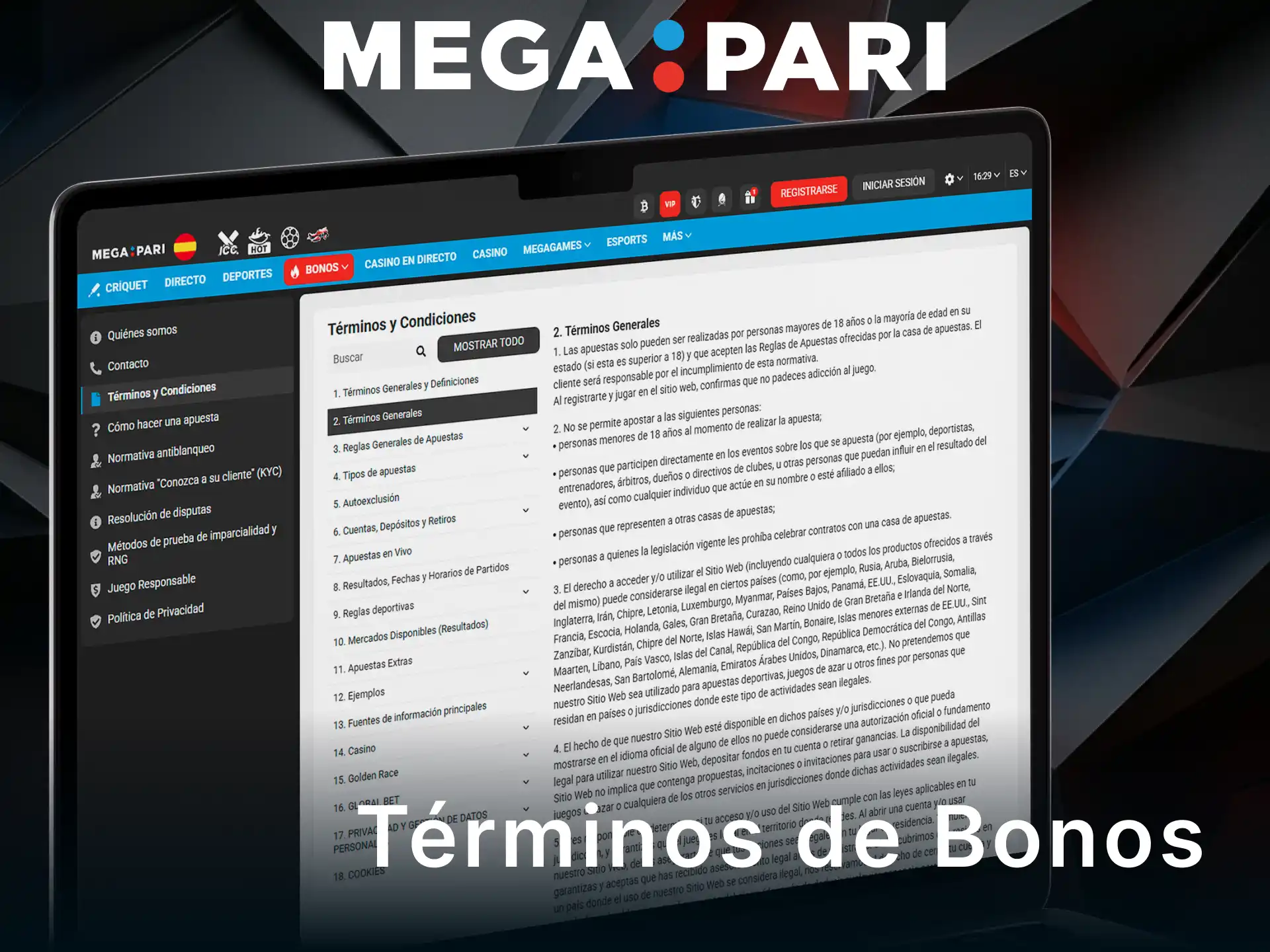 Revisa los términos y condiciones de los bonos en la app móvil de MegaPari.