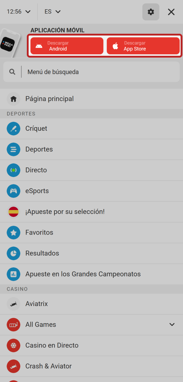 Descarga la app de MegaPari en Android o iOS para iniciar sesión fácilmente.