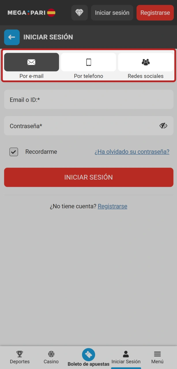 Toca el botón de acceso en la app de MegaPari para continuar.