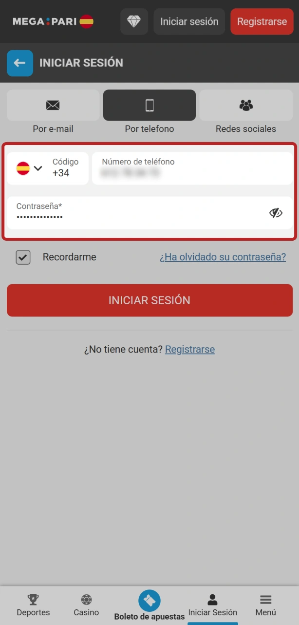 Ingresa tus credenciales en la app de MegaPari para iniciar sesión rápidamente.