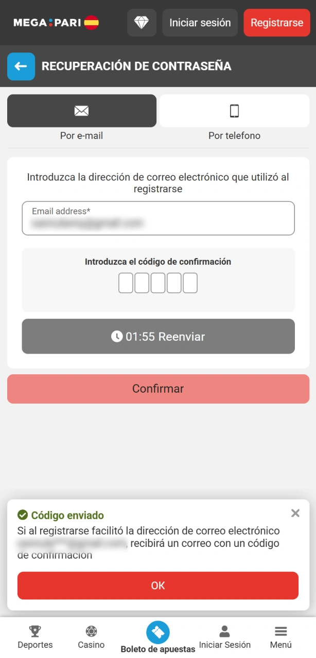 Revisa tu correo para continuar con la recuperación de contraseña en MegaPari.