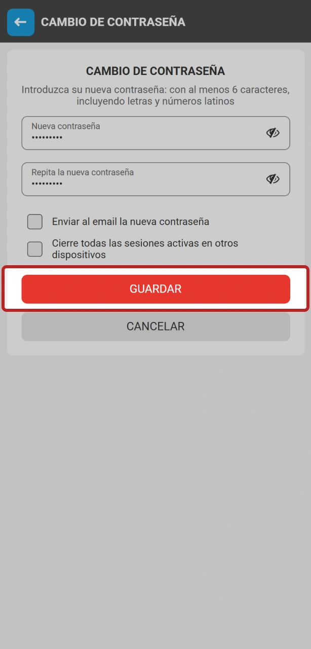 Confirma los cambios para finalizar la recuperación de contraseña en MegaPari y acceder.