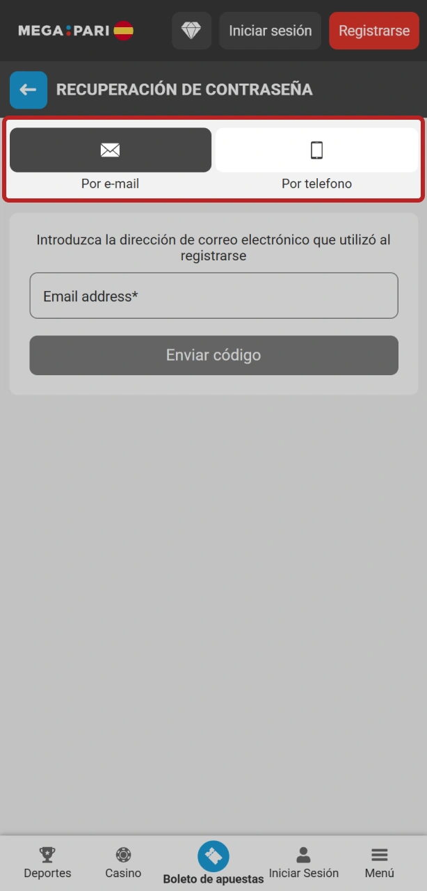 Selecciona el método de recuperación de contraseña que prefieras en MegaPari.