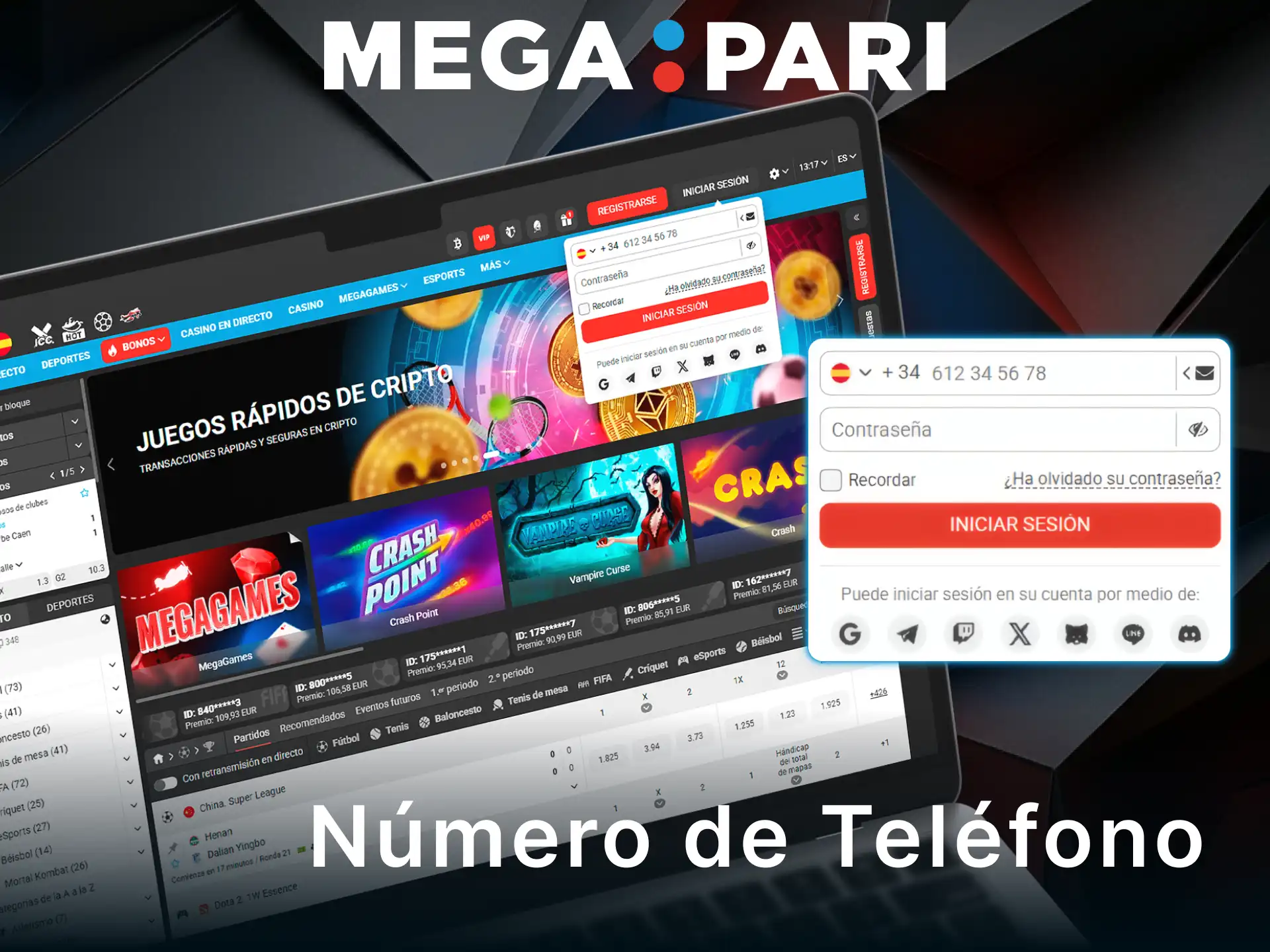 Elige el inicio de sesión con número de teléfono en MegaPari.