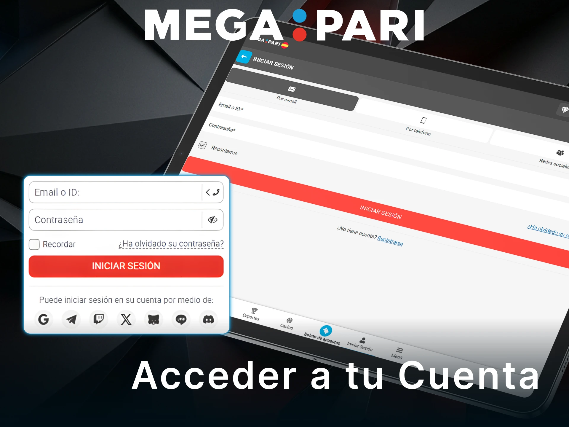 Accede a tu cuenta de MegaPari y gestiona tus apuestas deportivas al instante.