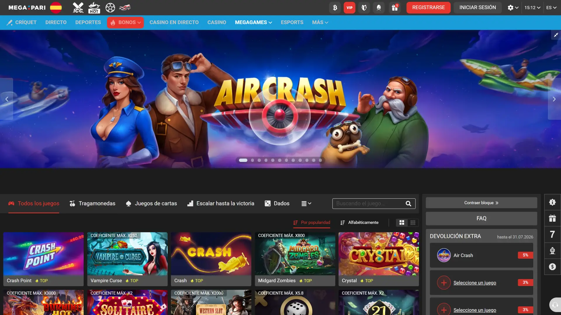 Explora la interfaz del казино en línea dentro de MegaPari.