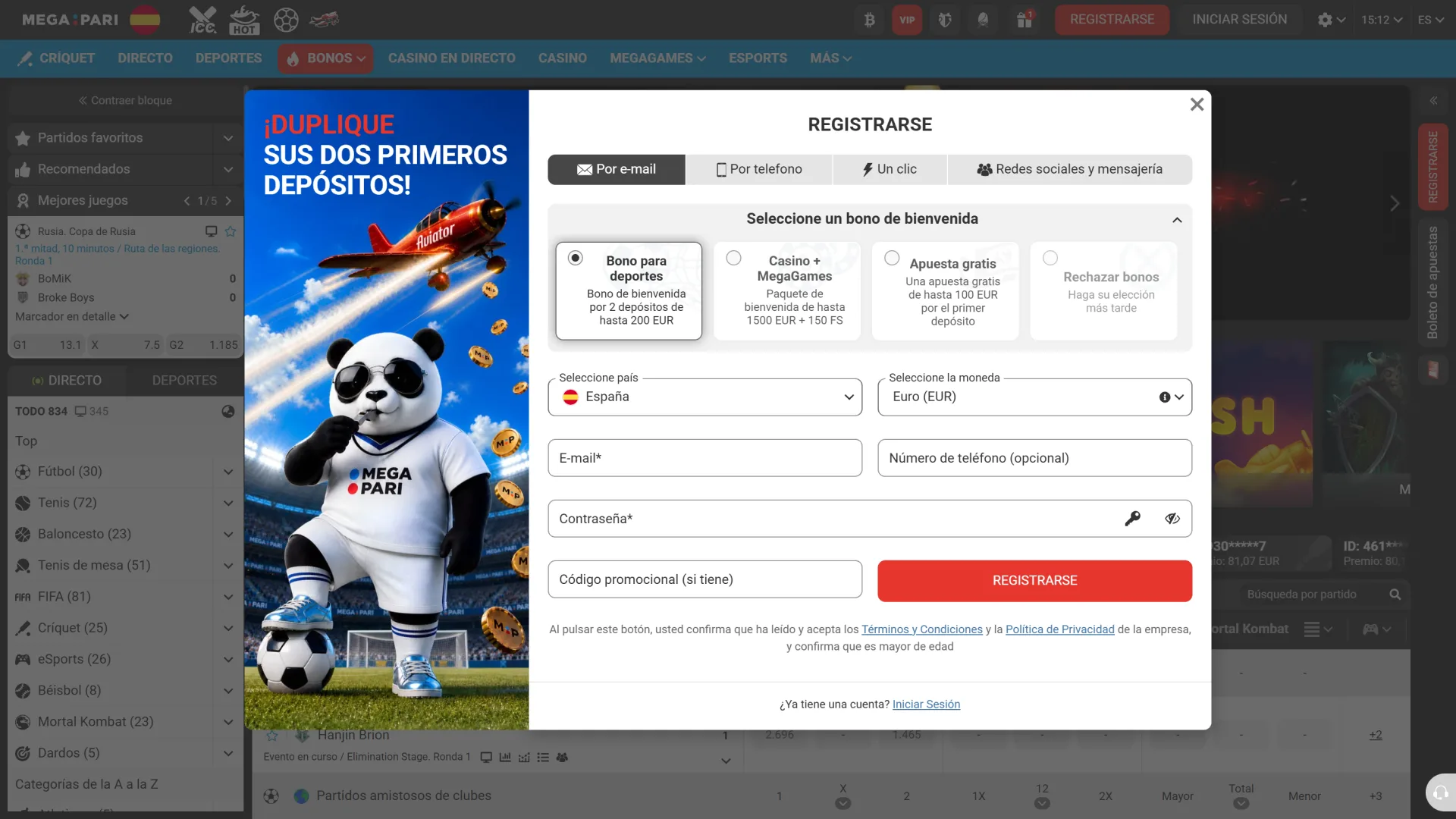 Visualiza el proceso de registro en la pantalla oficial de MegaPari.