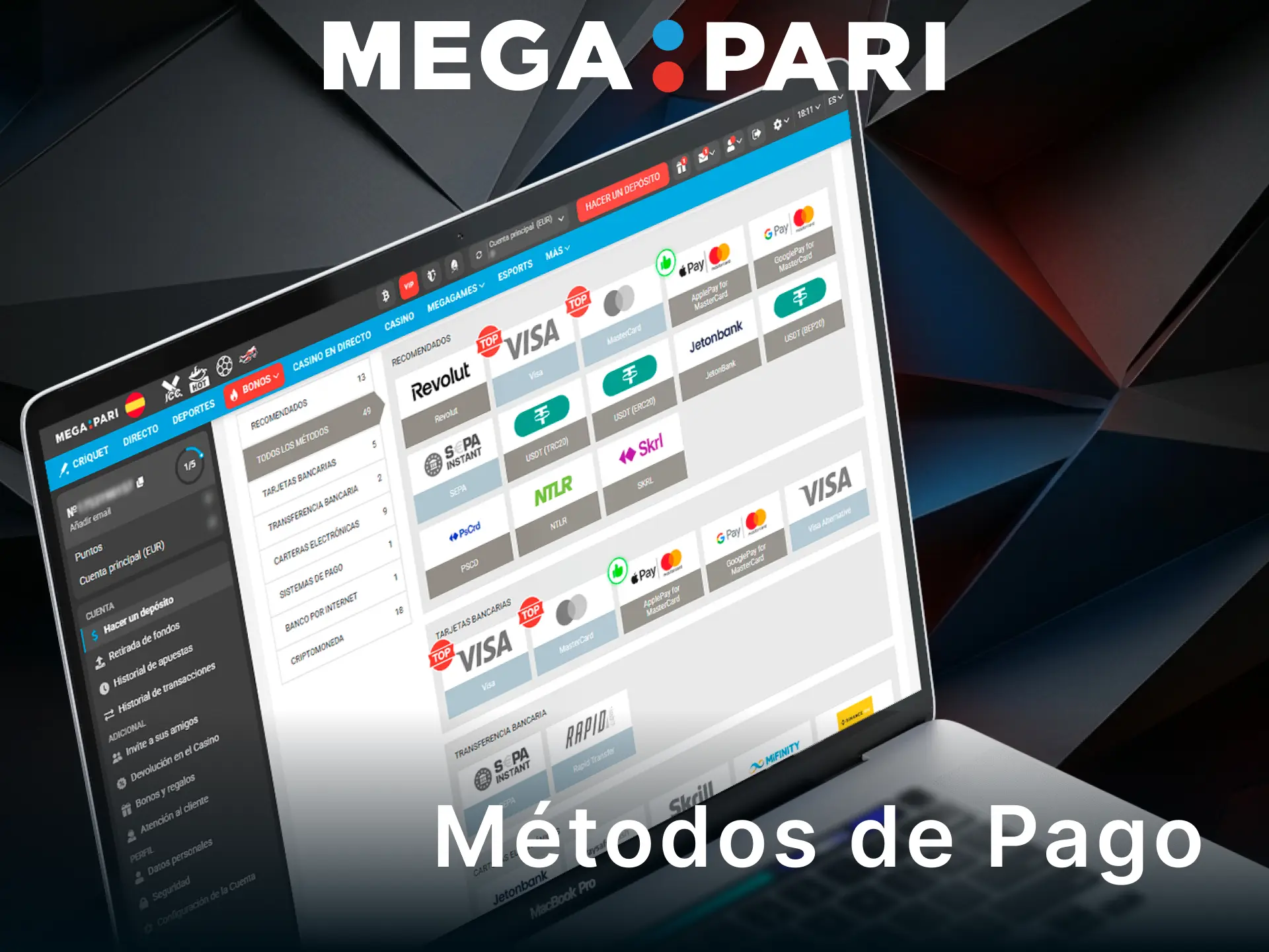 Elige entre los mejores métodos de pago disponibles en MegaPari.