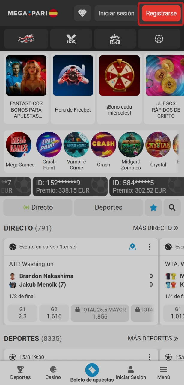 Abre la app e inicia el registro en tu cuenta de MegaPari.