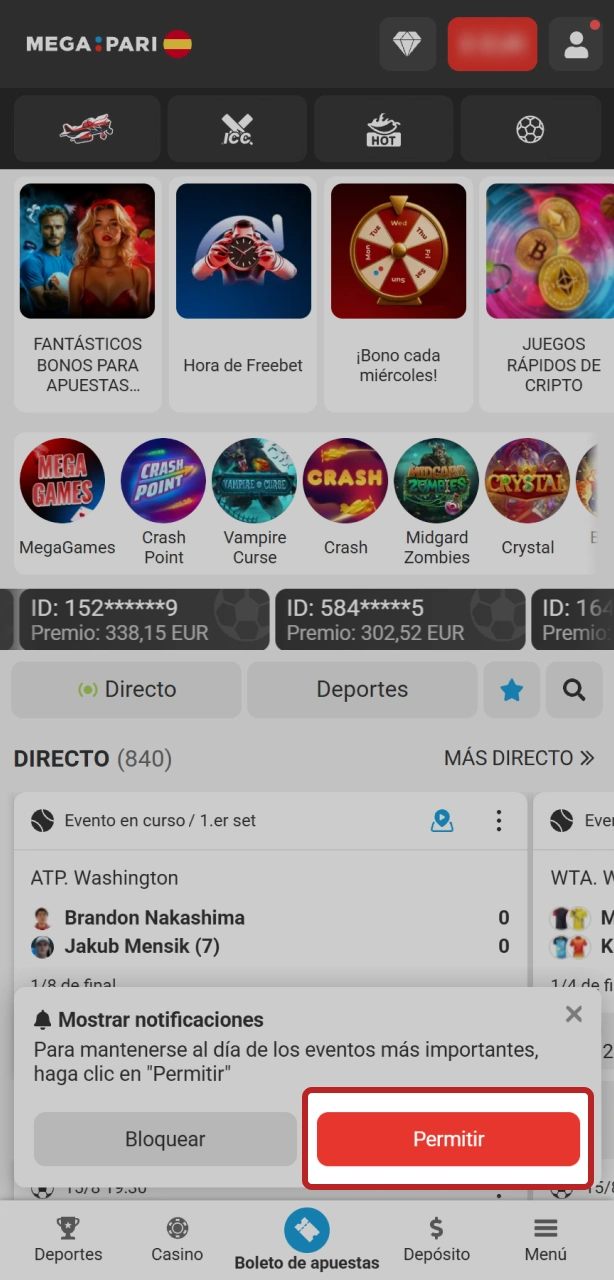 Habilita las alertas y entra tras completar el registro en MegaPari.