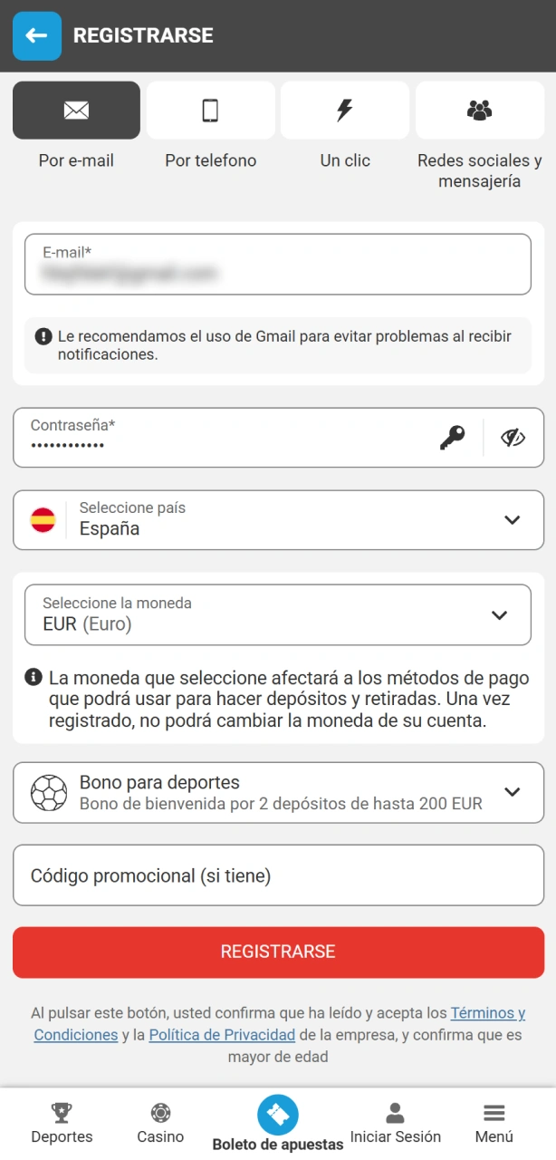 Rellena el formulario con tus datos para finalizar el registro en MegaPari.