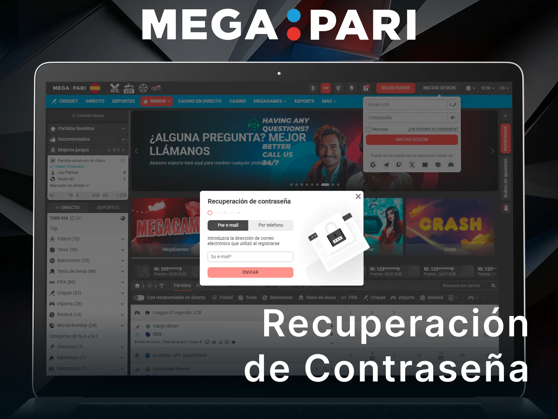 Soluciona la recuperación de contraseña en MegaPari si la has olvidado.