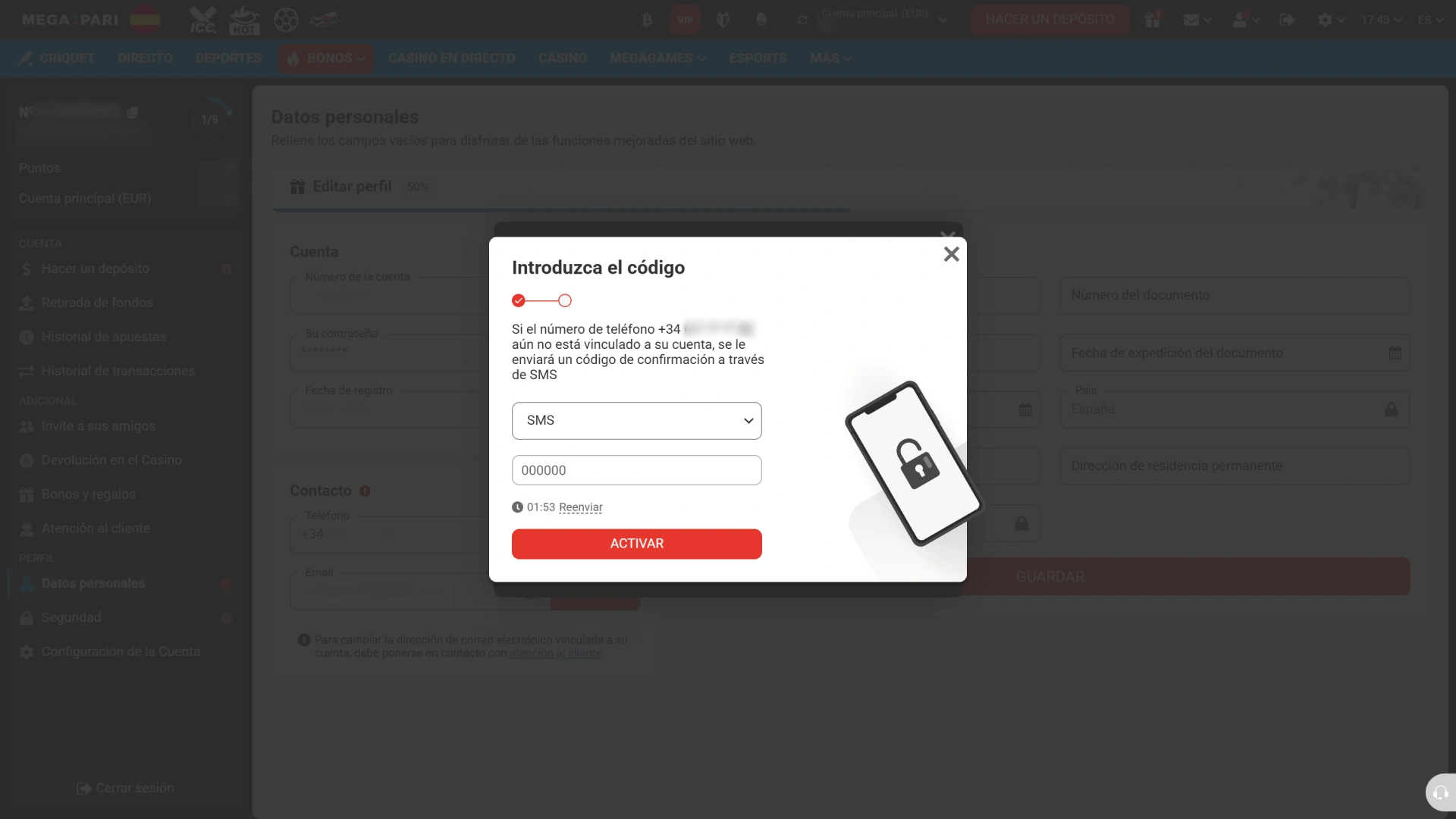 Confirma tu nueva cuenta y finaliza el registro dentro de MegaPari.