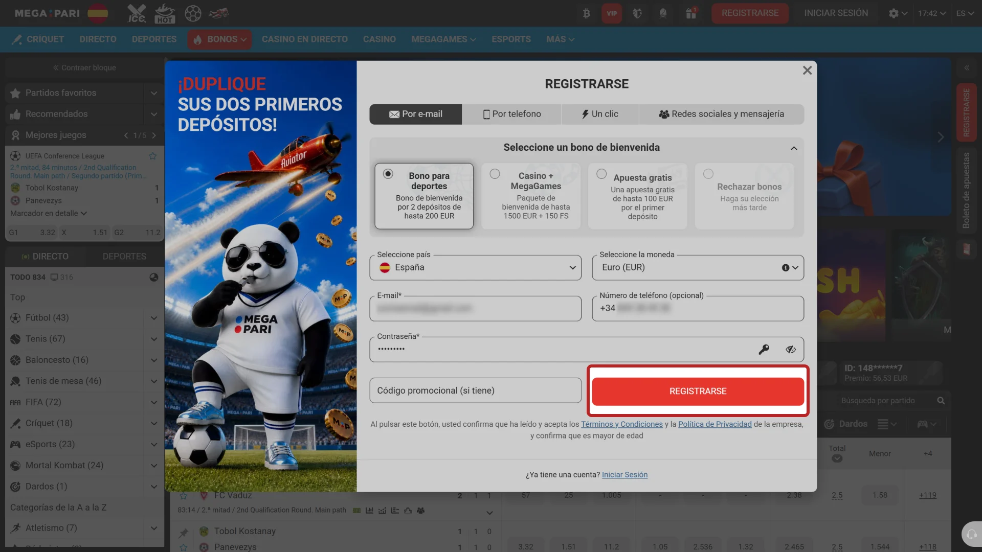 Acepta las condiciones requeridas para completar el registro en MegaPari.