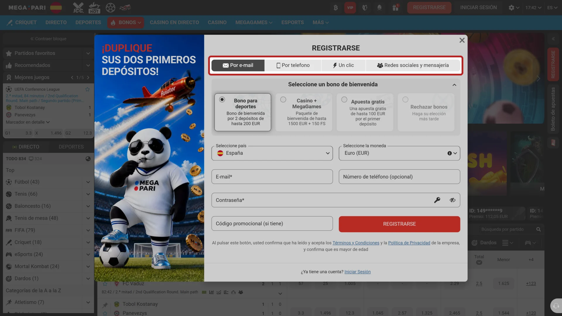 Elige el método de registro que prefieras para tu cuenta de MegaPari.
