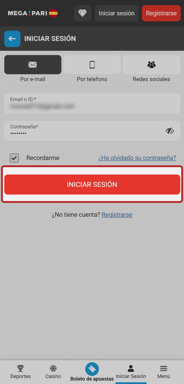 Accede a tu cuenta de MegaPari tras iniciar sesión correctamente.