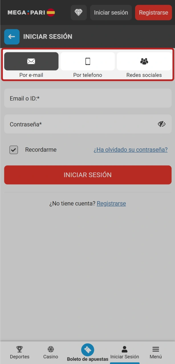 Selecciona tu método de acceso preferido para iniciar sesión en MegaPari.