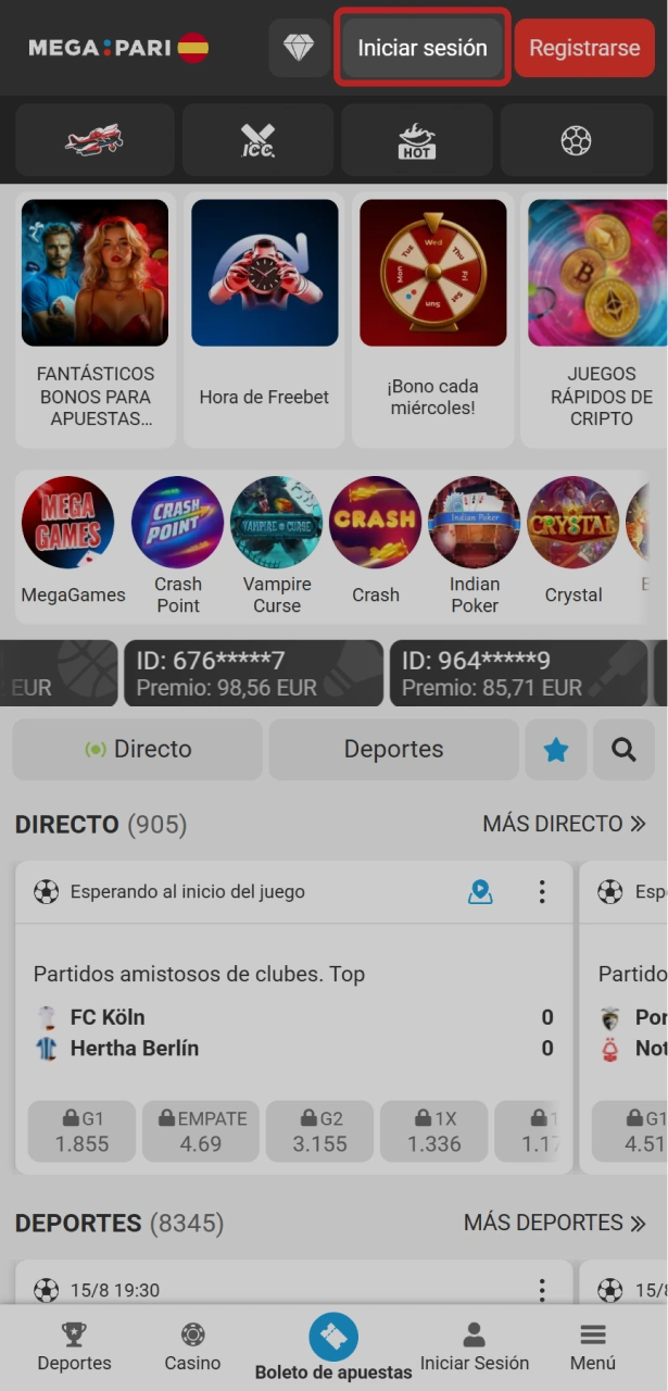 Pulsa el botón de acceso para iniciar sesión en tu cuenta de MegaPari.