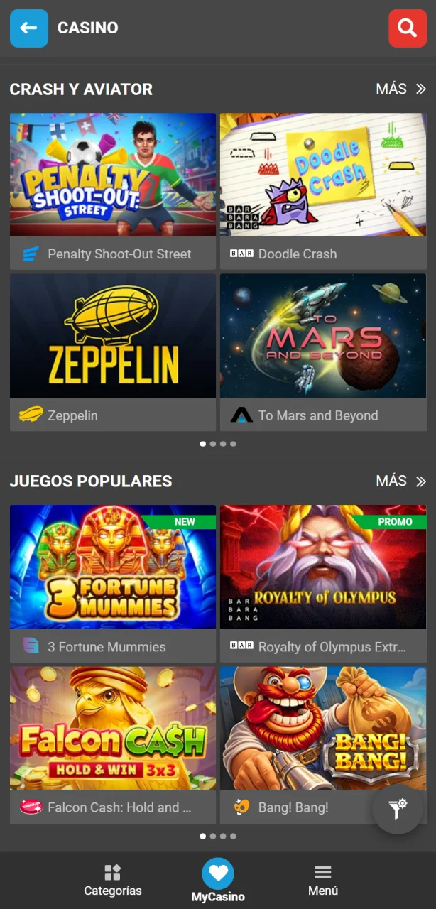 Busca el juego Aviator en el catálogo principal de MegaPari.