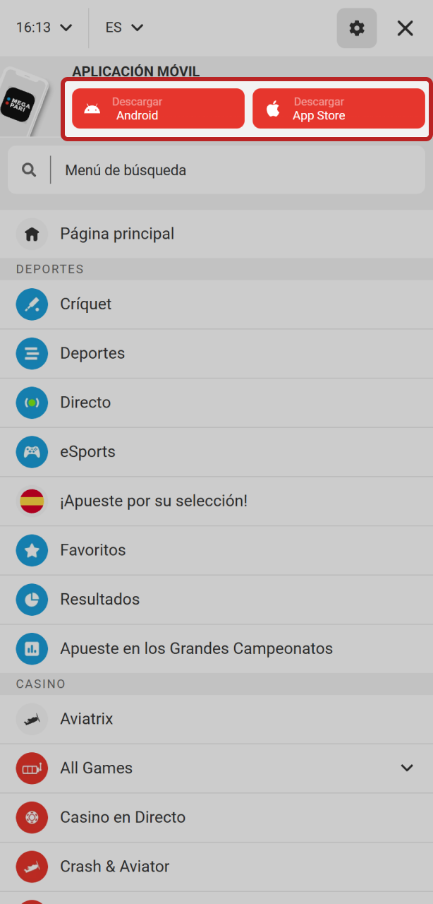 Descarga la app en tu móvil para activar el código promocional en MegaPari.
