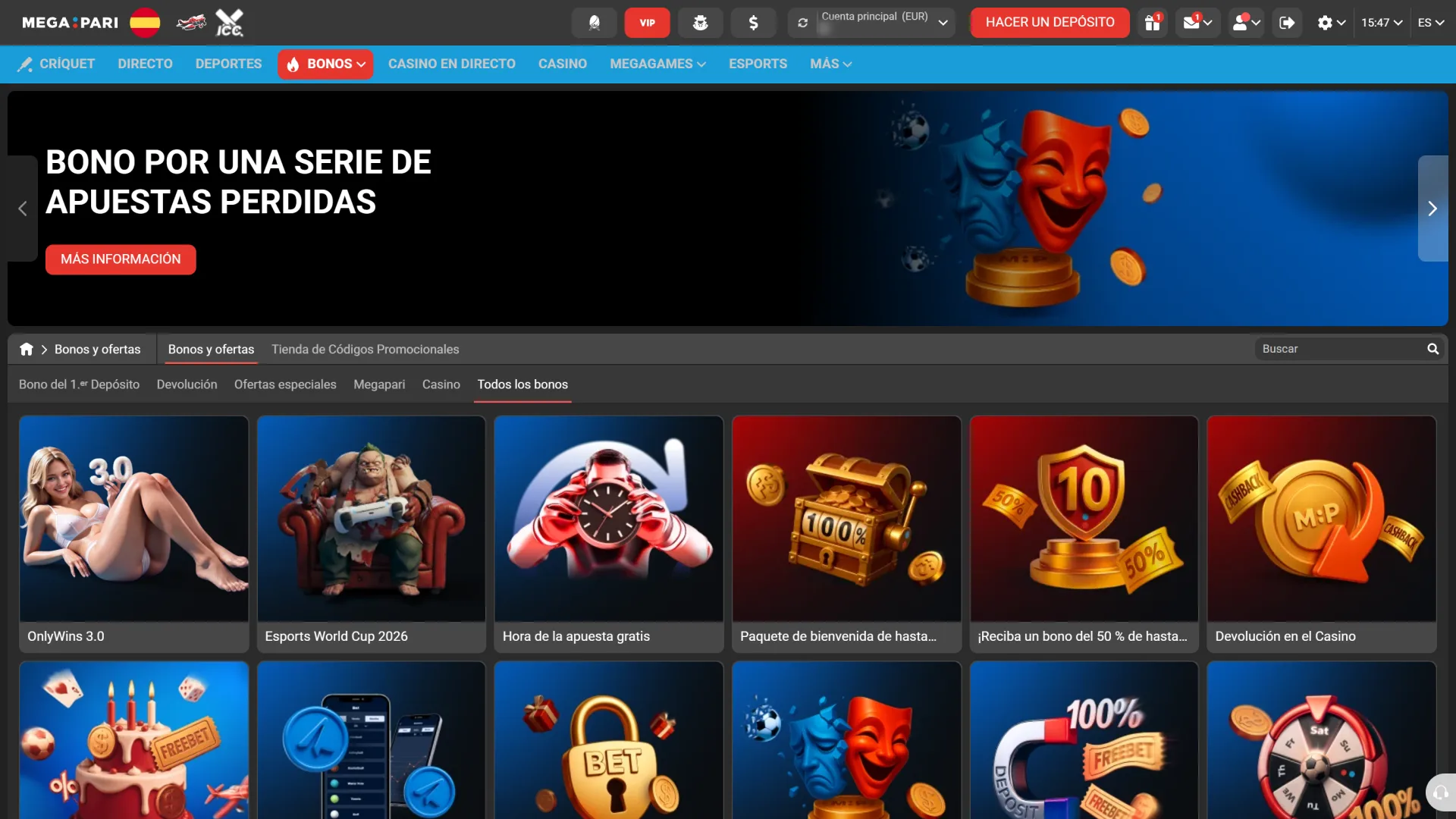 Recibe tu premio promocional tras canjear el código bonus en MegaPari.