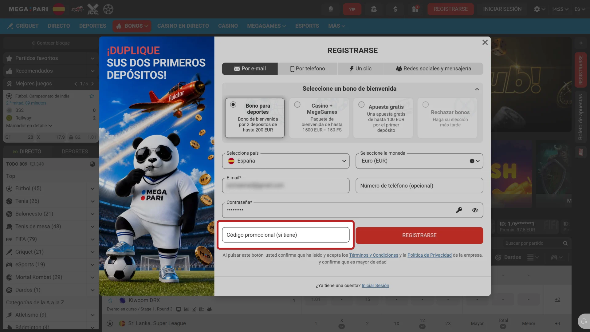 Introduce el código bonus correspondiente en tu formulario de MegaPari.