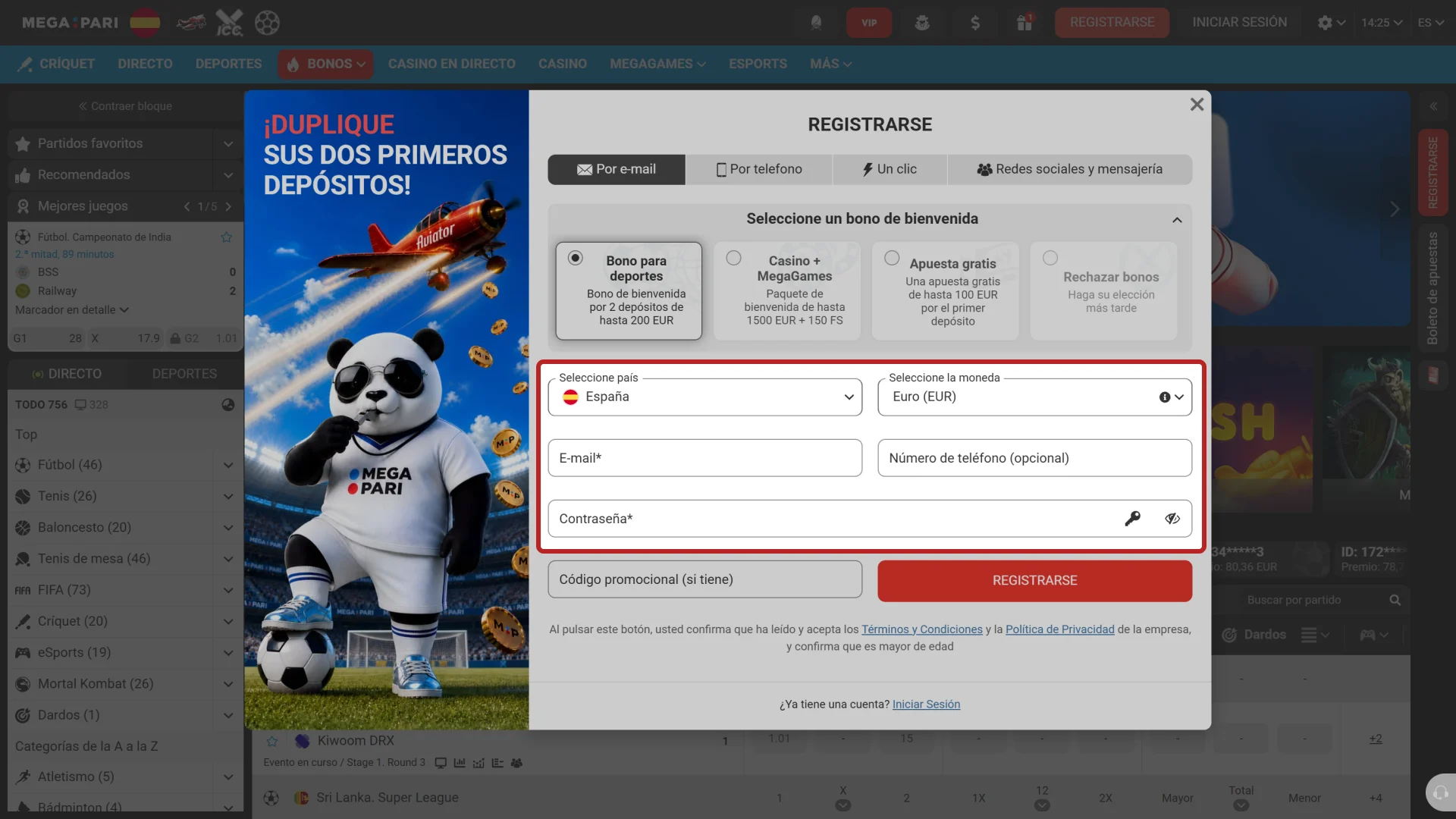 Completa el registro de tu cuenta e ingresa el código bonus en MegaPari.