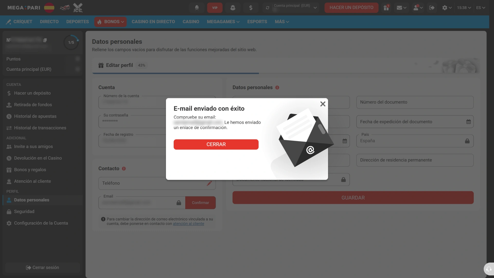 Verifica tu identidad para validar el código bonus en MegaPari.