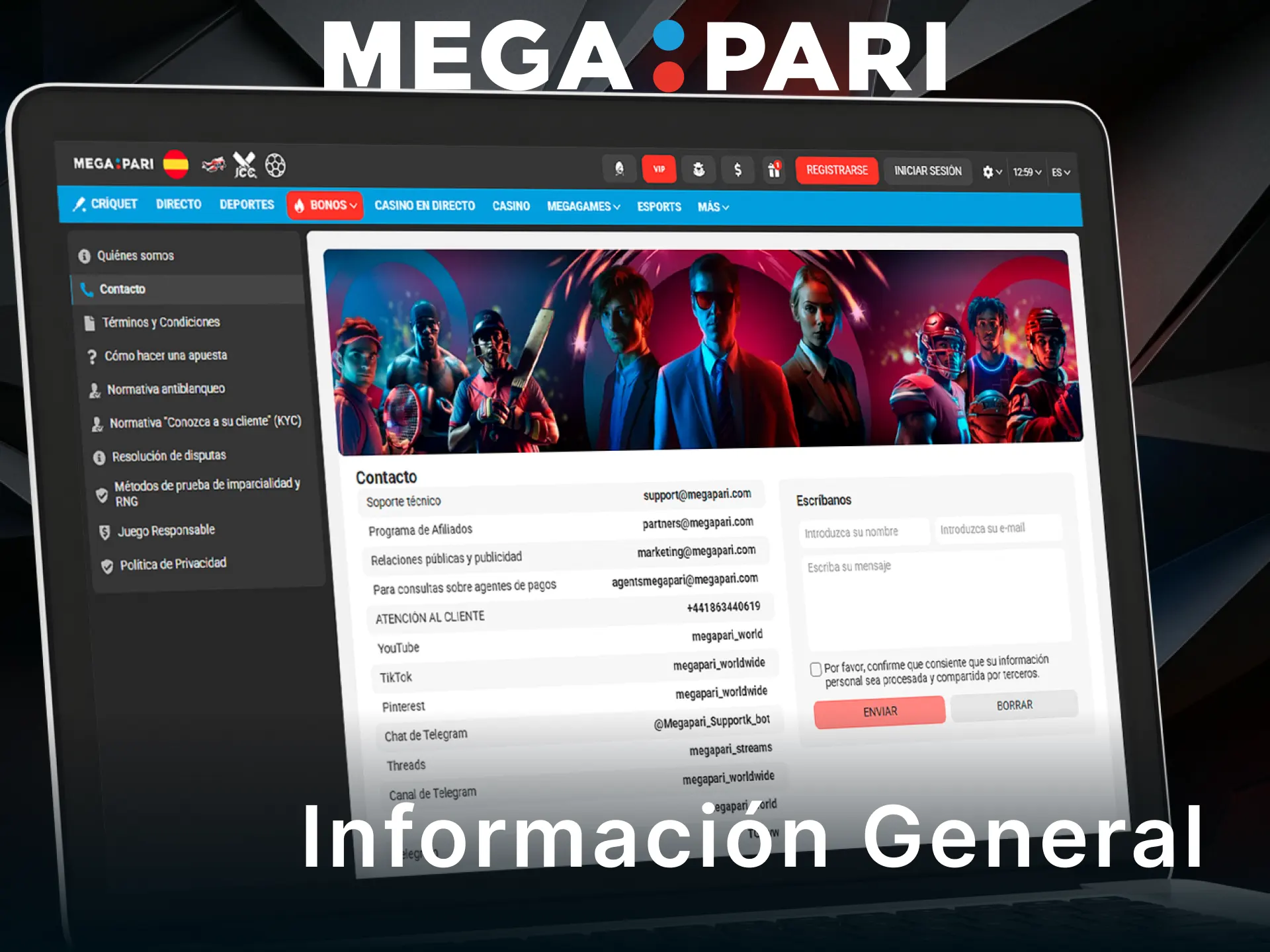 Consulta la información general y los datos de contacto en la web de MegaPari.