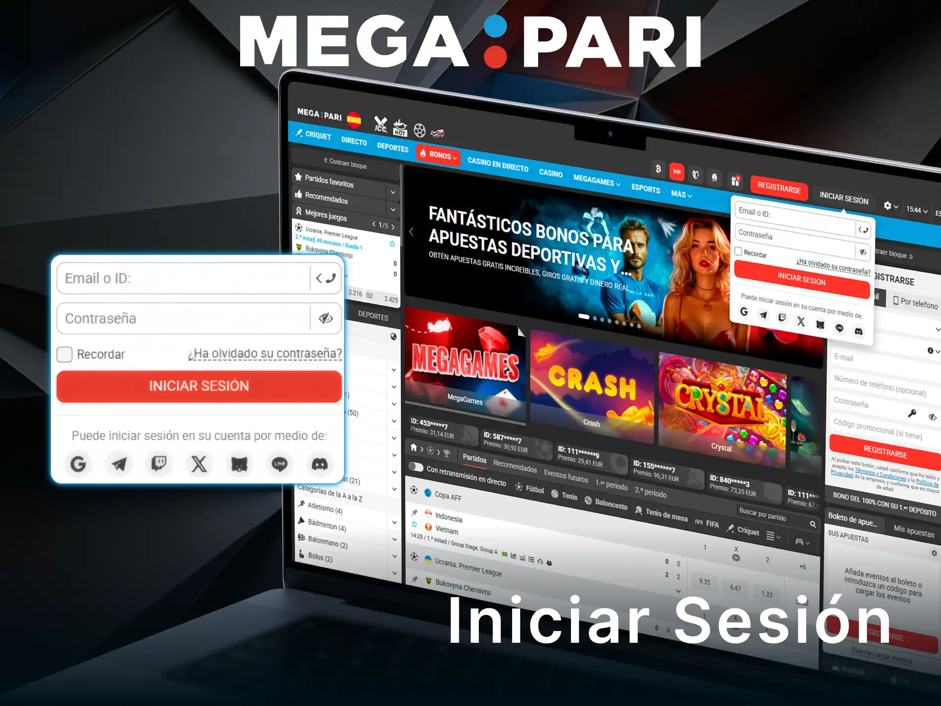 Inicia sesión en tu cuenta de MegaPari para empezar a apostar.