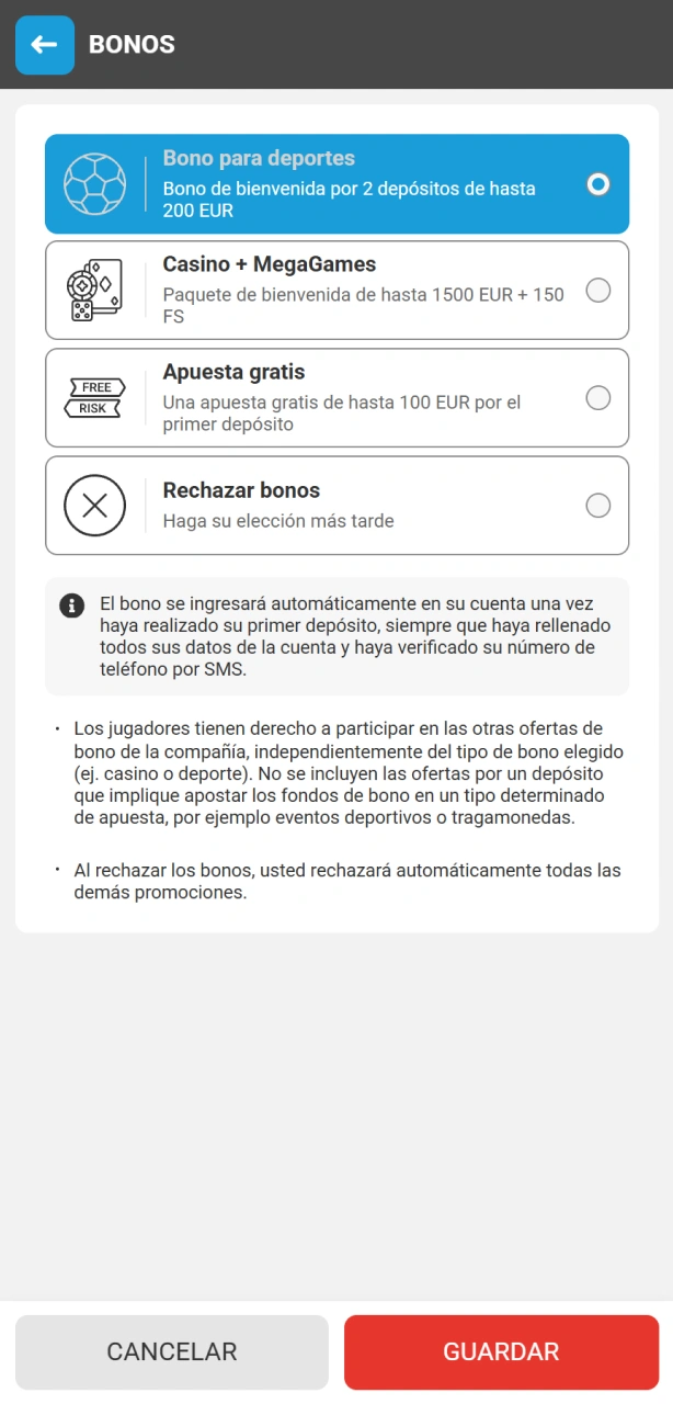 Selecciona tu bono de bienvenida preferido durante el registro en MegaPari para apuestas deportivas.