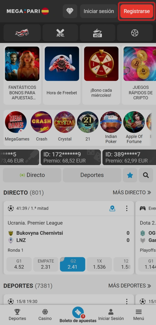 Accede al sitio web y completa el registro en MegaPari para apuestas deportivas.