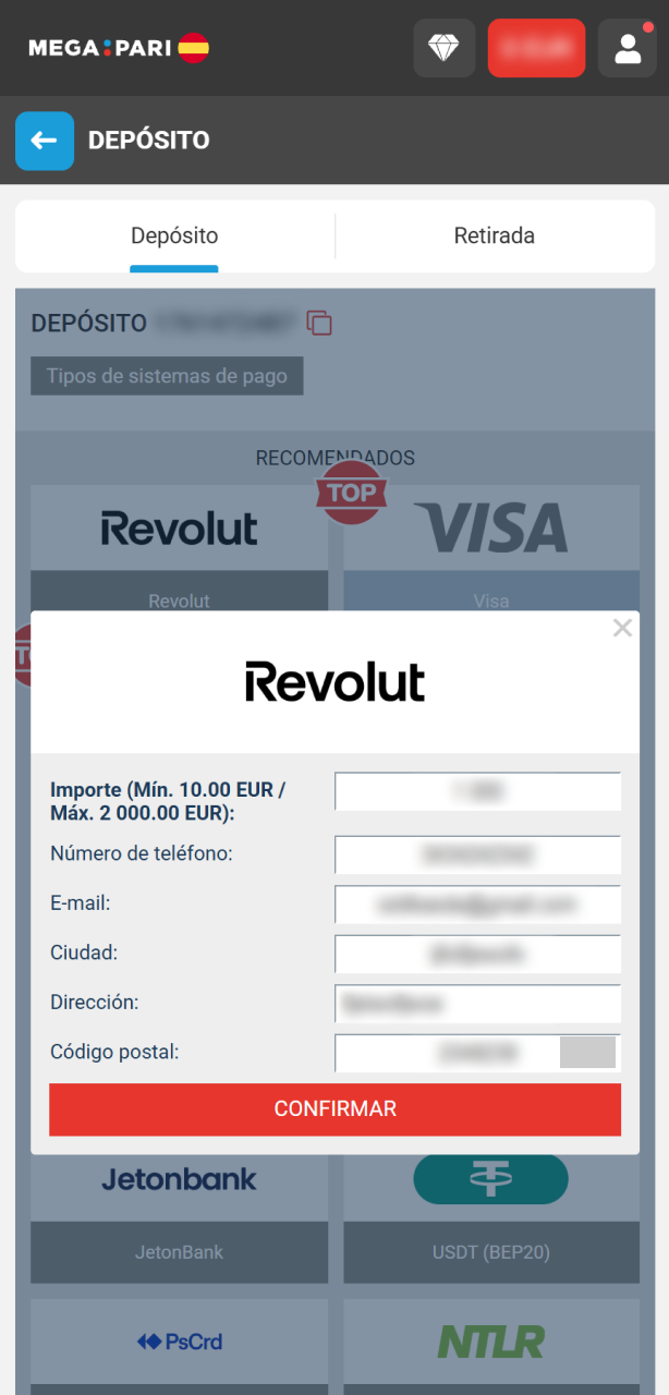 Selecciona el método de pago e ingresa el importe de tu depósito en MegaPari.