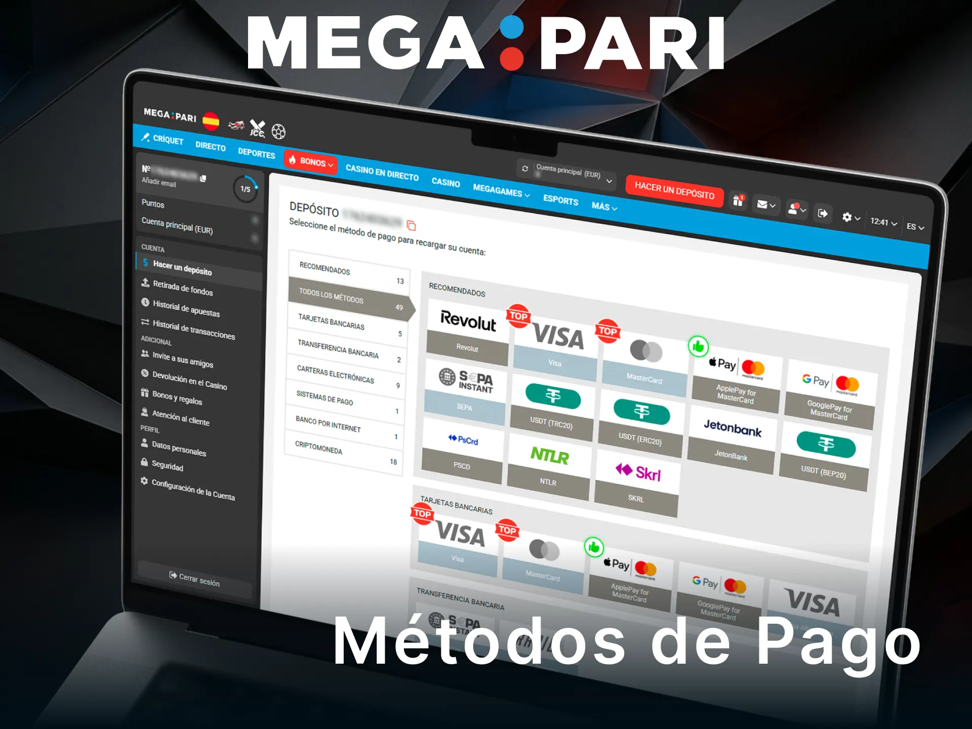 Utiliza los métodos de pago más populares para operar en MegaPari.