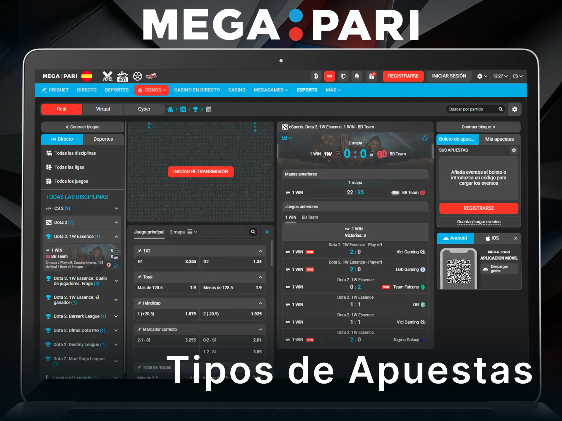Selecciona entre los variados tipos de apuestas en esports en MegaPari.